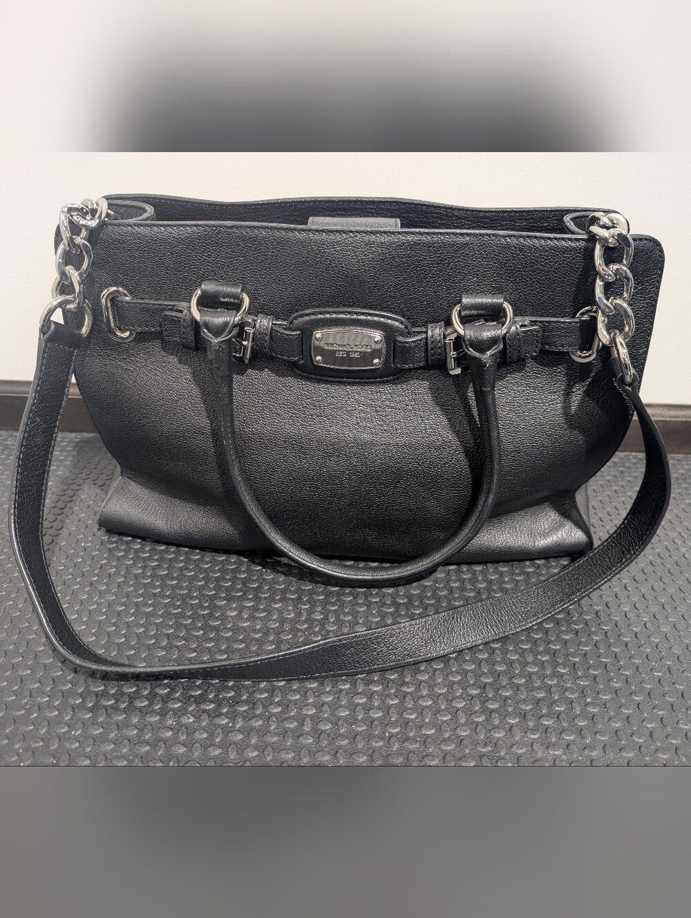 Michael Kors Hamilton Tote Black Leather Shoulder Bag with Chain Accents